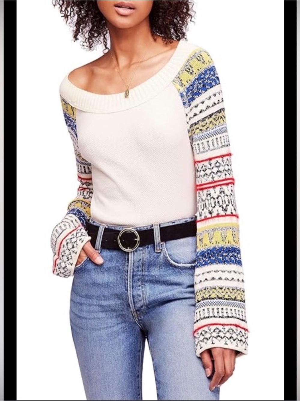 Free People Colorful Patterned Knit Sweater